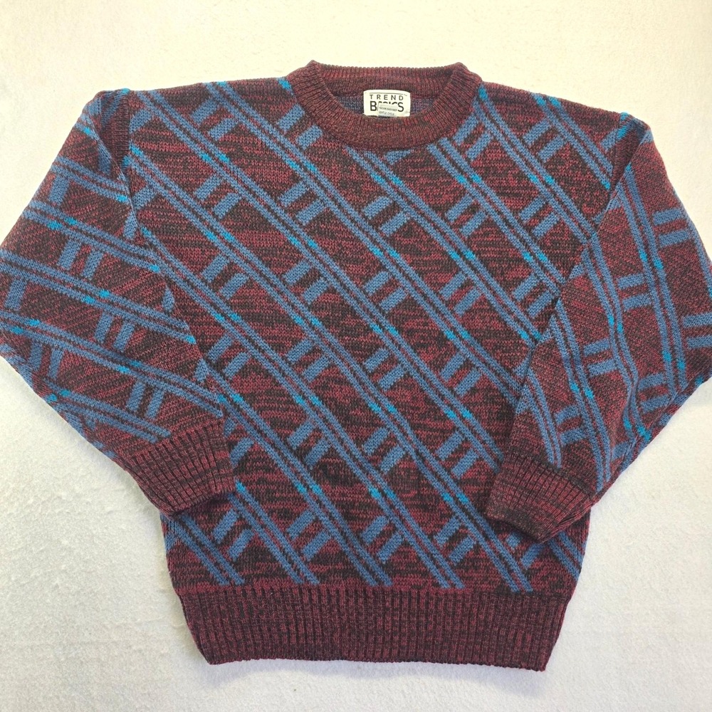 Trend Basics Vintage Geometric Abstract Knit Crewneck Sweater Burgundy Size M